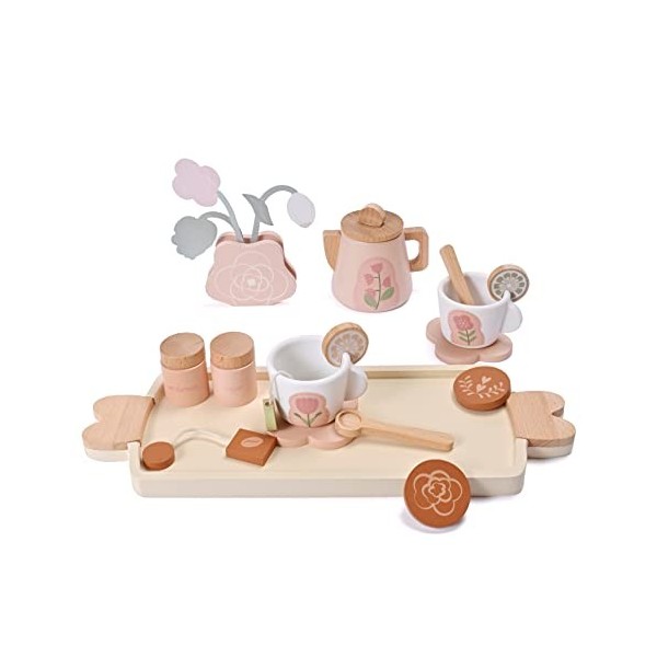 Donmills Service à thé en bois pour enfants, jouets en bois, accessoires de cuisine, ensemble à thé pour enfants avec plateau