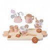 Donmills Service à thé en bois pour enfants, jouets en bois, accessoires de cuisine, ensemble à thé pour enfants avec plateau