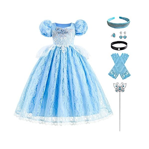 IMEKIS Filles Cendrillon Aurore Costume Princesse Fantaisie Halloween Carnaval Cosplay Habiller Robe en Tulle à Volants Fleur