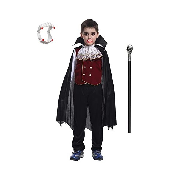 ZUCOS Costume de vampire pour garçon et enfant - Costume dHalloween gothique classique - Avec dents de vampire et faucille 