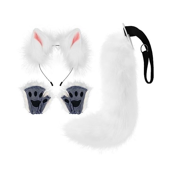 URFEDA Chat Cosplay Costume, Serre-tête Oreilles de Chat + Pattes en Peluche + Queue de Chat, Doux et Moelleux Animaux Longue