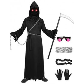 Alaiyaky Costume de faucheuse pour enfants, adultes, robe à capuche, faucheuse, vêtements/capuche/fausse/chaînes/lunettes, Ha