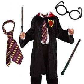 Fancy Dress Costume Sorcier pour Enfants: Cape sorcière + Baguette Magique + Cravate Scolaire + Lunettes Noires Rondes Petite