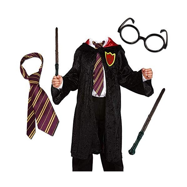 Fancy Dress Costume Sorcier pour Enfants: Cape sorcière + Baguette Magique + Cravate Scolaire + Lunettes Noires Rondes Petite