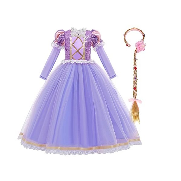 FYMNSI Costume de princesse Sofia Raiponce pour fille - Cosplay à manches longues - En tulle - Avec perruque - Pour carnaval,