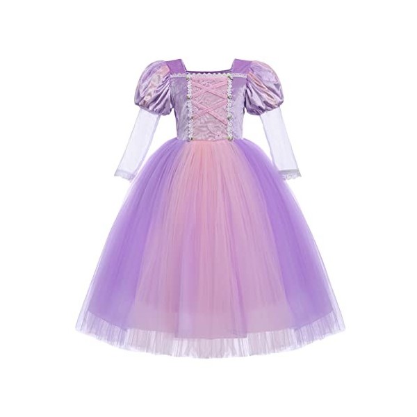 FYMNSI Costume de princesse Sofia Raiponce pour fille - Cosplay à manches longues - En tulle - Avec perruque - Pour carnaval,