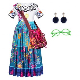 Eledobby Fille Princesse Mirabel Robe de Fantaisie avec Lunettes Enfants Cosplay Costume Encanto Outfits Midi Robe pour Fête 