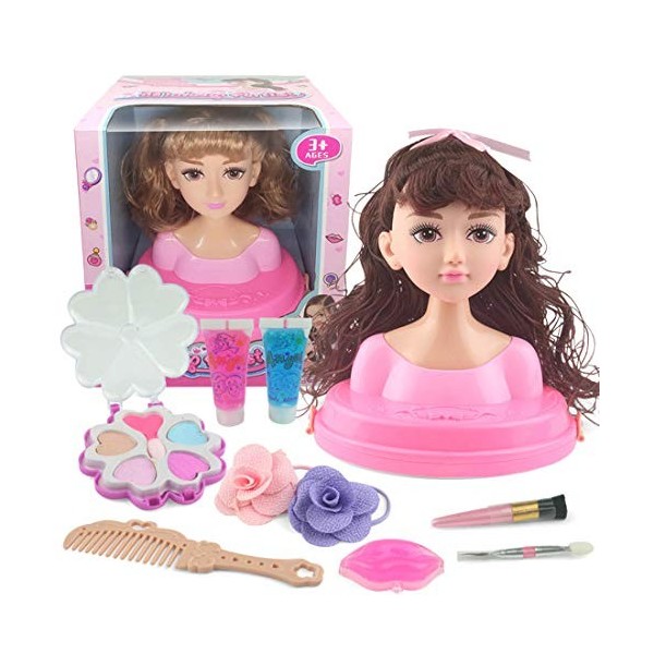 Tosbess Tête à Coiffer et Maquiller, Coiffure, Trousse de Maquillage Jouet de Poupée pour Petits Filles