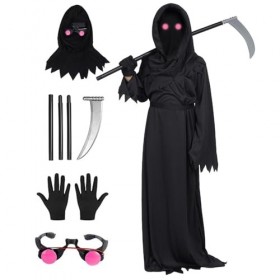 XEERUN Costume de faucheuse - 5 pièces - Costume dHalloween - Robe avec capuche, gants, lunettes rouges, faux - Costume de m
