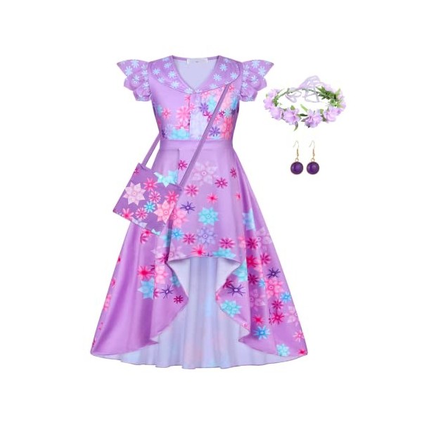 Eledobby Fille Isabella Princesse Déguisement avec Sac Enfants Cosplay Costume Encanto Dress Up Tenues Volants Irrégulières R