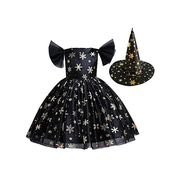 Deguisement Sorcière Halloween Enfant Jupe Plissée Mi Longue Noire Enfants robe Costume de fête danse enfant Pageant filles H