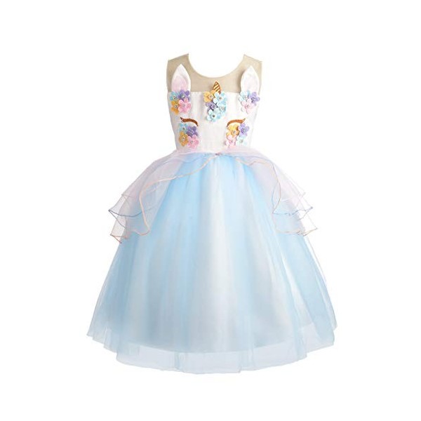 Lito Angels Robe Anniversaire Princesse Licorne pour Enfant Filles, Vetement Fete Carnaval, Taille 3-4 ans, Bleu