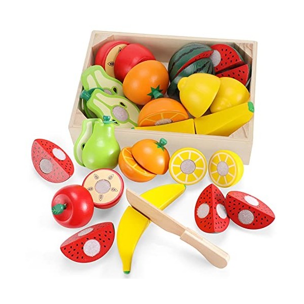 JUWUGU Jouet de cuisine pour enfants en bois, jouet en bois, jouet de cuisine, découpe de fruits en bois, aliments avec fixat