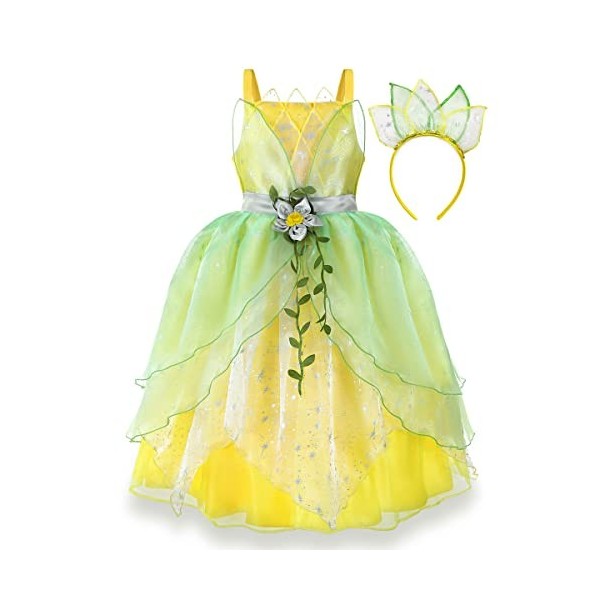 JerrisApparel Meisjes Prinses Tiana Jurk – Carnaval, Bloem, Halloween Cosplay Jurk