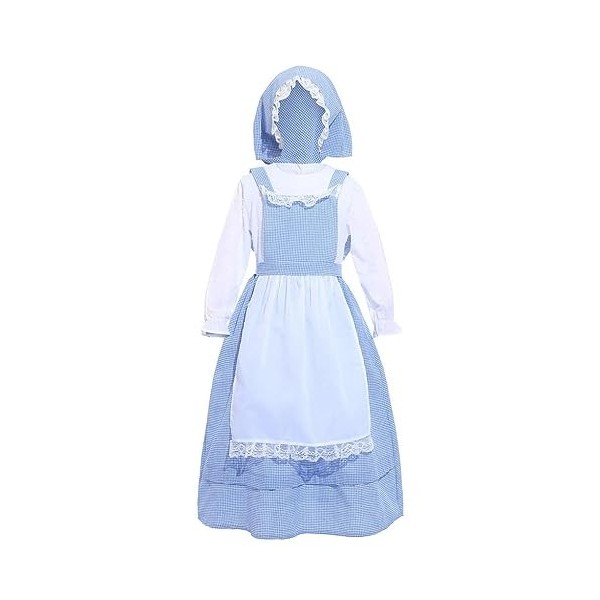 Lito Angels Deguisement Costume de Village Médiéval Colonial Robe Vichy Bleu avec Tablier Blanc et Bonnet pour Enfant Fille T