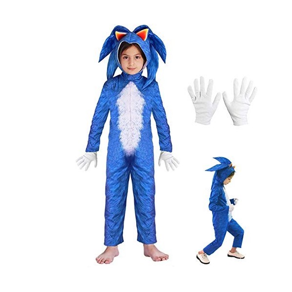 Enfant Fille Garçon Costume Sonic Hedgehog Jumpsuit + Headpiece + Gloves Deluxe Outfit Bleu, 110-125cm 