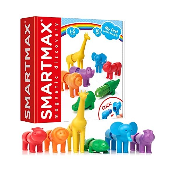 SmartMax - Les Animaux Du Safari - My First Safari Animals - Jouet de Construction Magnétique - 6 Animaux à Assembler - Pour 