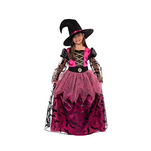 Magicoo Costume de sorcière rose chauve-souris pour enfant fille avec robe longue et chapeau de sorcière – Taille 104 à 140 –