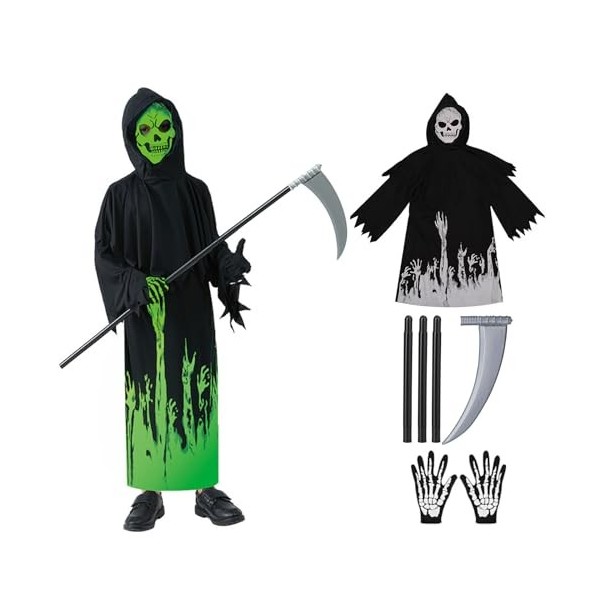 Huarsion Costume de la faucheuse pour enfant - Costume dHalloween - Lueur dans le noir - Costume de faucheuse - Costume dHa