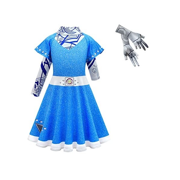 Zombies Costume dalien 3 Addison pour enfants, filles, Halloween, cosplay, robe dalien à manches longues bleue avec gants, 