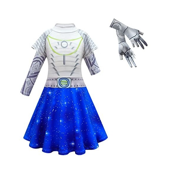 Zombies Costume dalien 3 Addison pour enfants, filles, Halloween, cosplay, robe dalien à manches longues bleue avec gants, 