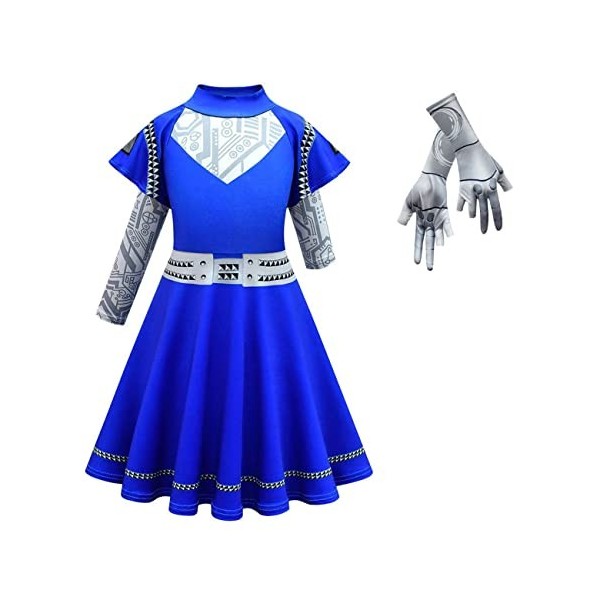 Zombies Costume dalien 3 Addison pour enfants, filles, Halloween, cosplay, robe dalien à manches longues bleue avec gants, 