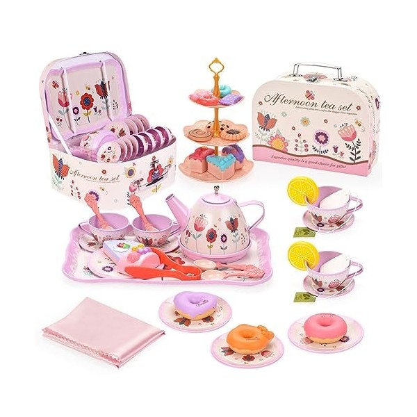 Service à thé pour petites filles, kit de jeu en bois pour jeux de rôle,  jouet de cuisine avec théière, tasses à thé, cuillères, cadeaux  d'anniversaire pour filles et garçons : 