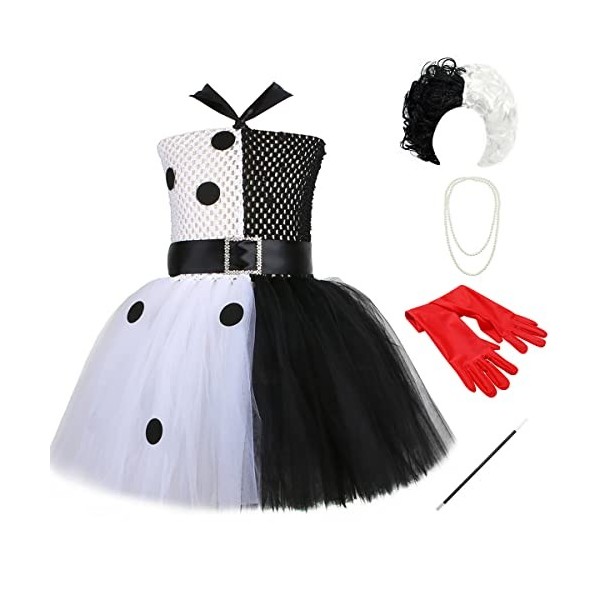 Cruella Deville Costume pour enfant fille Halloween 101 Dalmatiens Cosplay Robe + perruque + gants + barre 5 pièces Cruella D