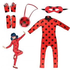 Winric Costume de coccinelle rouge pour fille, 6 pièces rouge, combinaison une pièce avec masque pour les yeux, sac pour carn