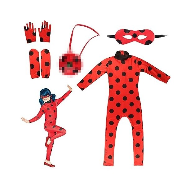 Winric Costume de coccinelle rouge pour fille, 6 pièces rouge, combinaison une pièce avec masque pour les yeux, sac pour carn