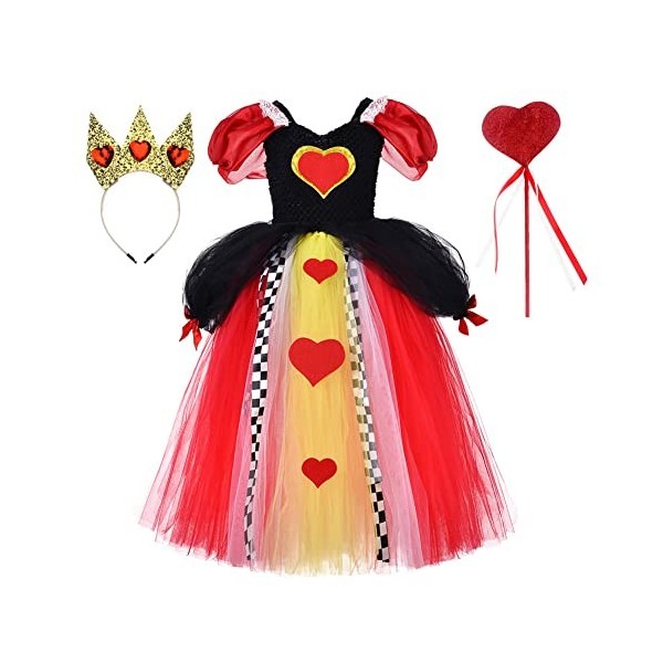 IBAKOM Enfants Filles Princesse Alice Costume Reine des Coeurs Halloween Cosplay Déguisement Hors Épaule Tulle Tutu Robe Anni