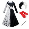 FYMNSI Costume de Cruella Deville pour fille avec motif à pois noir et blanc + perruque + gants + tige pour Halloween carnava