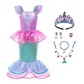 Odizli Costume de sirène pour fille - Robe de princesse + couronne + parure de bijoux pour Halloween, Noël, carnaval, anniver