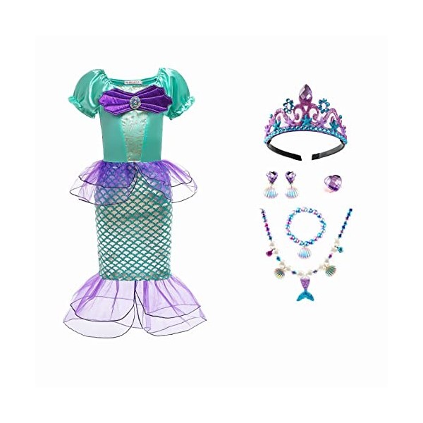 Odizli Costume de sirène pour fille - Robe de princesse + couronne + parure de bijoux pour Halloween, Noël, carnaval, anniver