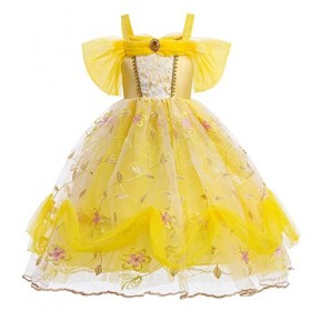 Belle Costume Fille Enfant Princesse Robe Beauty and The Beast Déguisement Robe en Tulle Longue Robe de bal Halloween Noël Ca