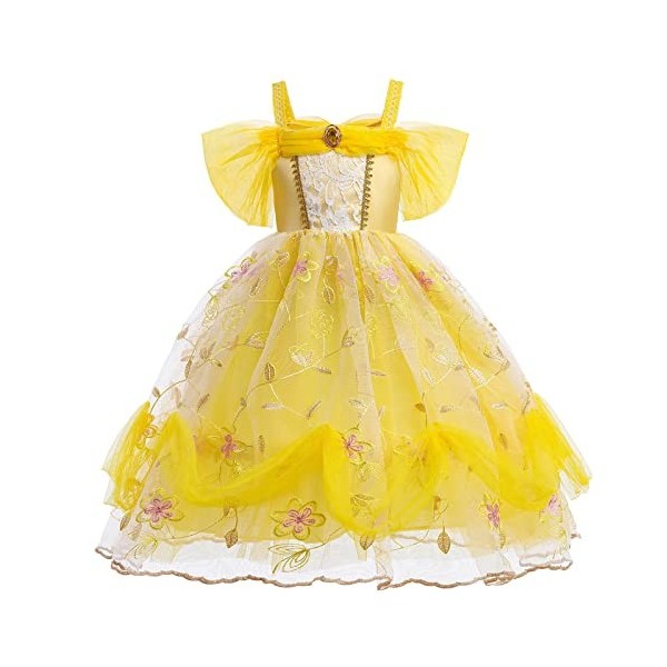 Belle Costume Fille Enfant Princesse Robe Beauty and The Beast Déguisement Robe en Tulle Longue Robe de bal Halloween Noël Ca