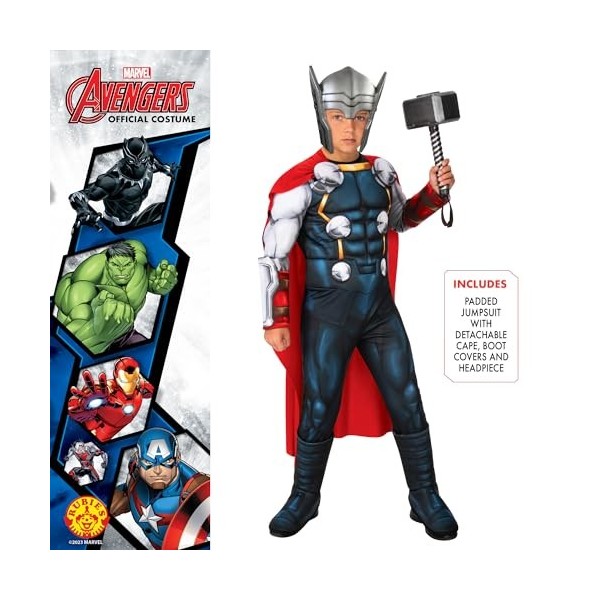 Rubies Costume Thor Deluxe pour enfants, Jumpsuit avec poitrine rembourrée et couvre-bottes, masque officiel Marvel pour carn