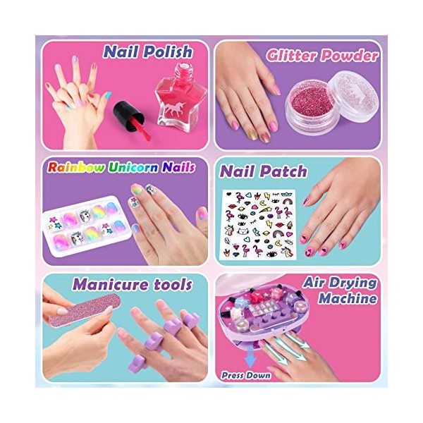 Vamei Kit Manucure Enfant Cadeau Fille 5 6 7 8 9 10 11 12 Ans avec Pelable Vernis à Ongles Sèche-Ongles Autocollants pour Ong