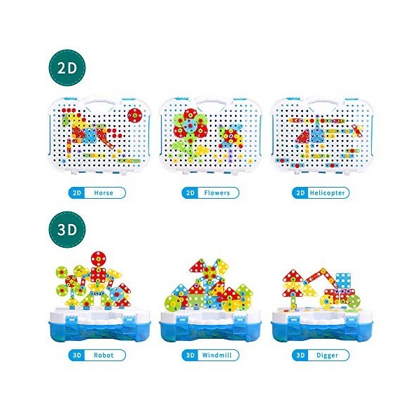 Mosaique Enfant Puzzle 3D, Construction STEM de Jouets en mosaïque pour 3 4 5 Enfants, Jouet de Construction perceuse Boîte à