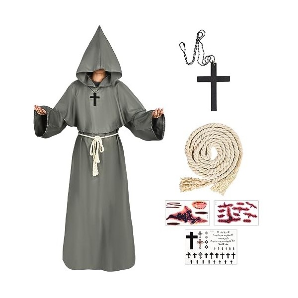 FORMIZON Moine Friar Robe Prêtre, Costume de Prêtre, Robe de Moine pour Halloween, Prêtre Moine Costume de Capuche, Croix Ren