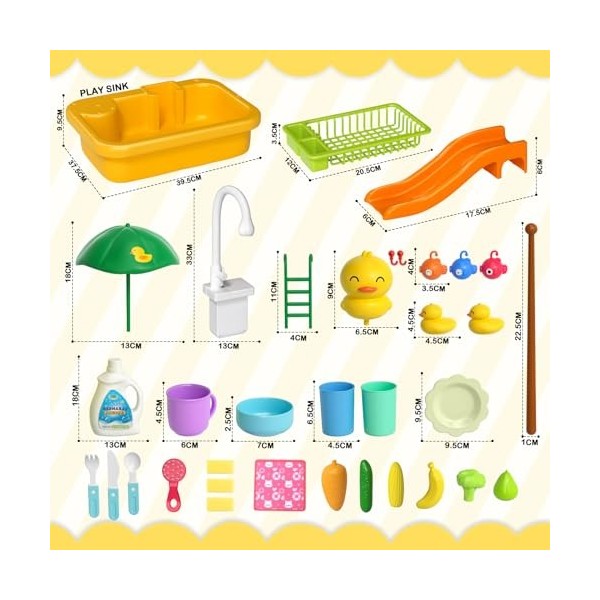 vamei 2 en 1 Lavabo Enfant avec Eau Ensemble de Jouets dÉvier de Cuisine Évier de Cuisine avec Fruits Légume Jouet Ustensile