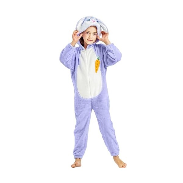 KIDSEPT Déguisement de Lapin pour Enfants, Combinaison danimal Violet pour Garçons et Filles, Vêtement Costume à Capuchon Fl