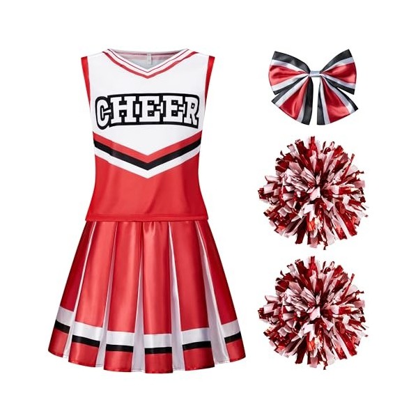 Spooktacular Creations Costume de pom-pom girl des pour filles, mignonne tenue de cheerleading, uniforme de joie rouge et bla
