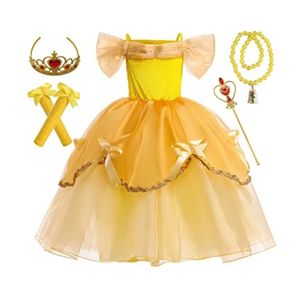 IWFREE Robe de Princesse Belle Fille Déguisement la Belle et la Bête Costume avec Manche et Couronne Collier de Roses Set pou