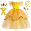 IWFREE Robe de Princesse Belle Fille Déguisement la Belle et la Bête Costume avec Manche et Couronne Collier de Roses Set pou