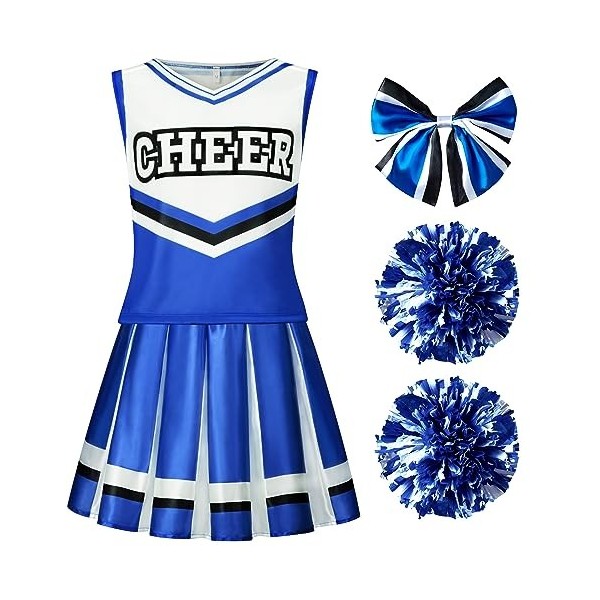 Spooktacular Creations Costume de pom-pom girl des pour filles, mignonne tenue de cheerleading, uniforme de joie bleu et blan