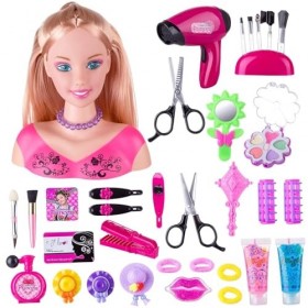Bankeep Tête à Coiffer Jouet Enfant, 35 Pièces Tête à Coiffer et Maquiller Enfant Pretend Playset Style tête poupée Coiffure 