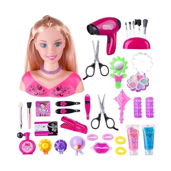 Bankeep Tête à Coiffer Jouet Enfant, 35 Pièces Tête à Coiffer et Maquiller Enfant Pretend Playset Style tête poupée Coiffure 