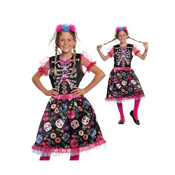 Magicoo Costume dHalloween mignon squelette mexicain pour enfant fille avec robe et serre-tête – Day of the Dead Costume de 