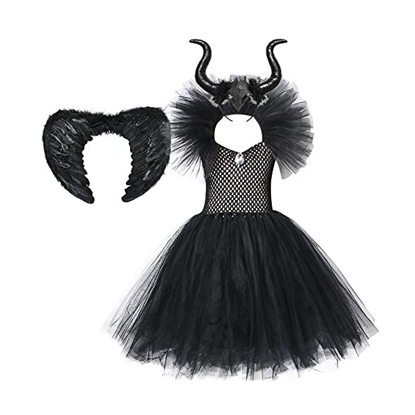 OBEEII Déguisement Maléfique Fille Halloween Carnaval Tutu Robe ave Bandeau +Ailes Sleeping Beauty Halloween Noël Costume pou